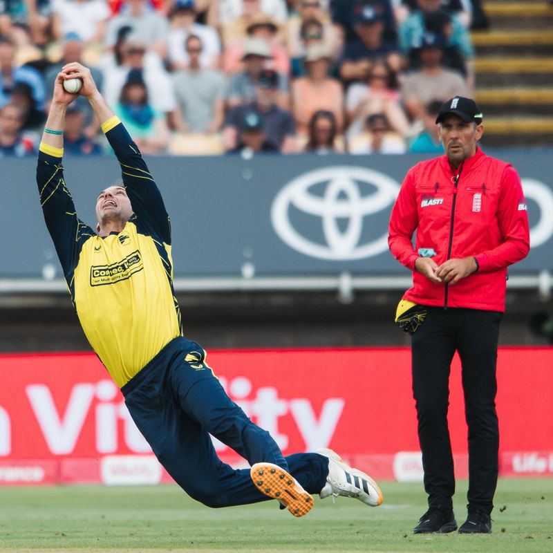 Cricket fielder diving for a catch