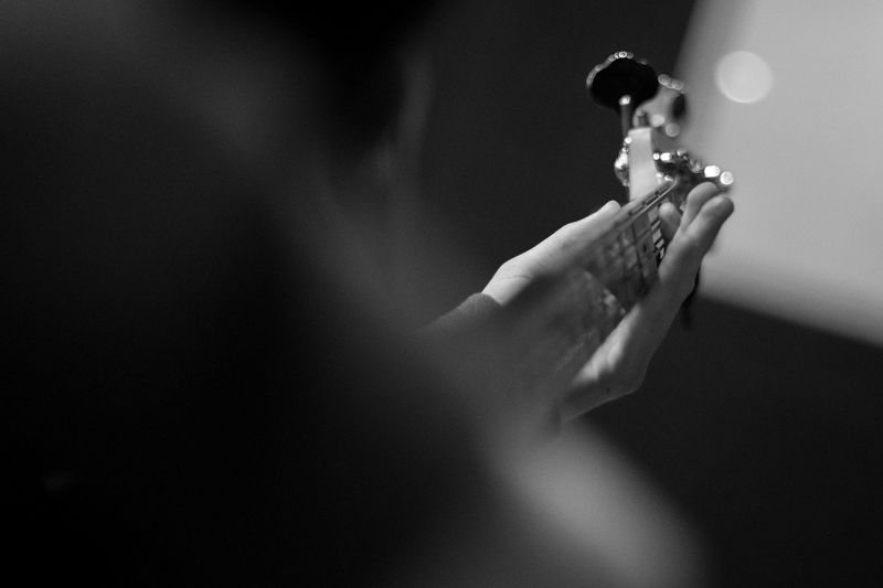 Musician's hand on a guitar neck in black and white