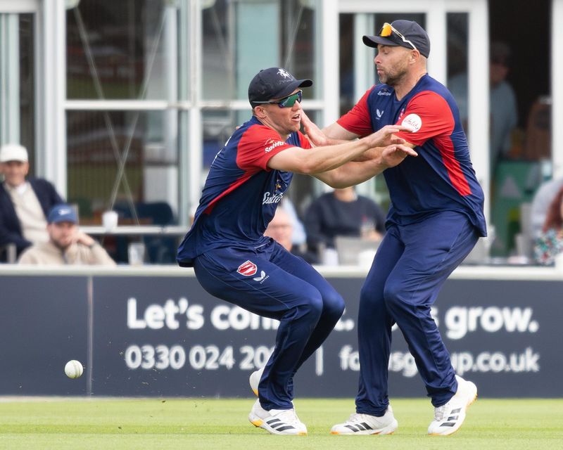 Cricket fielders celebrating a wicket